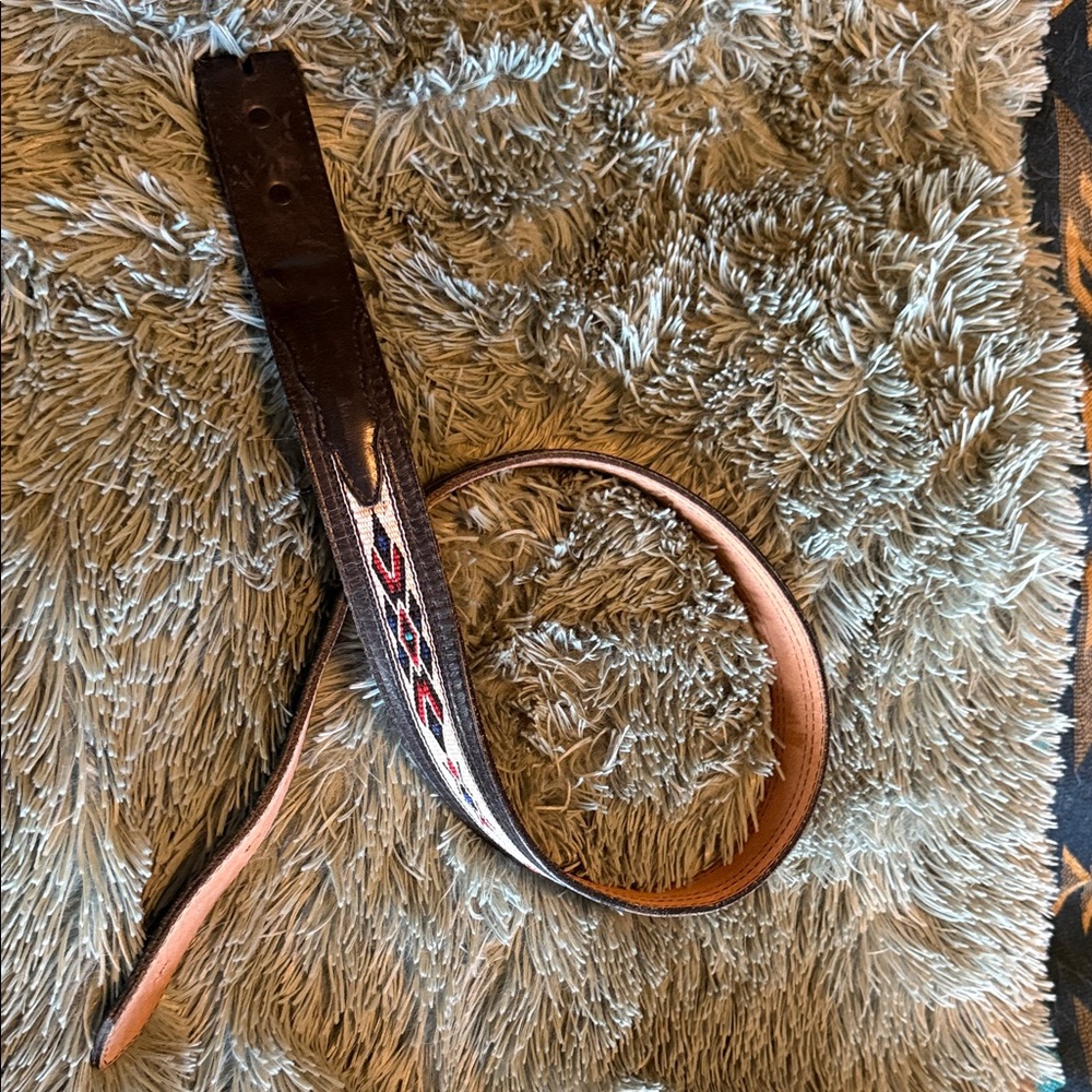 Men's Black and Brown Leather Belt with Red Accents